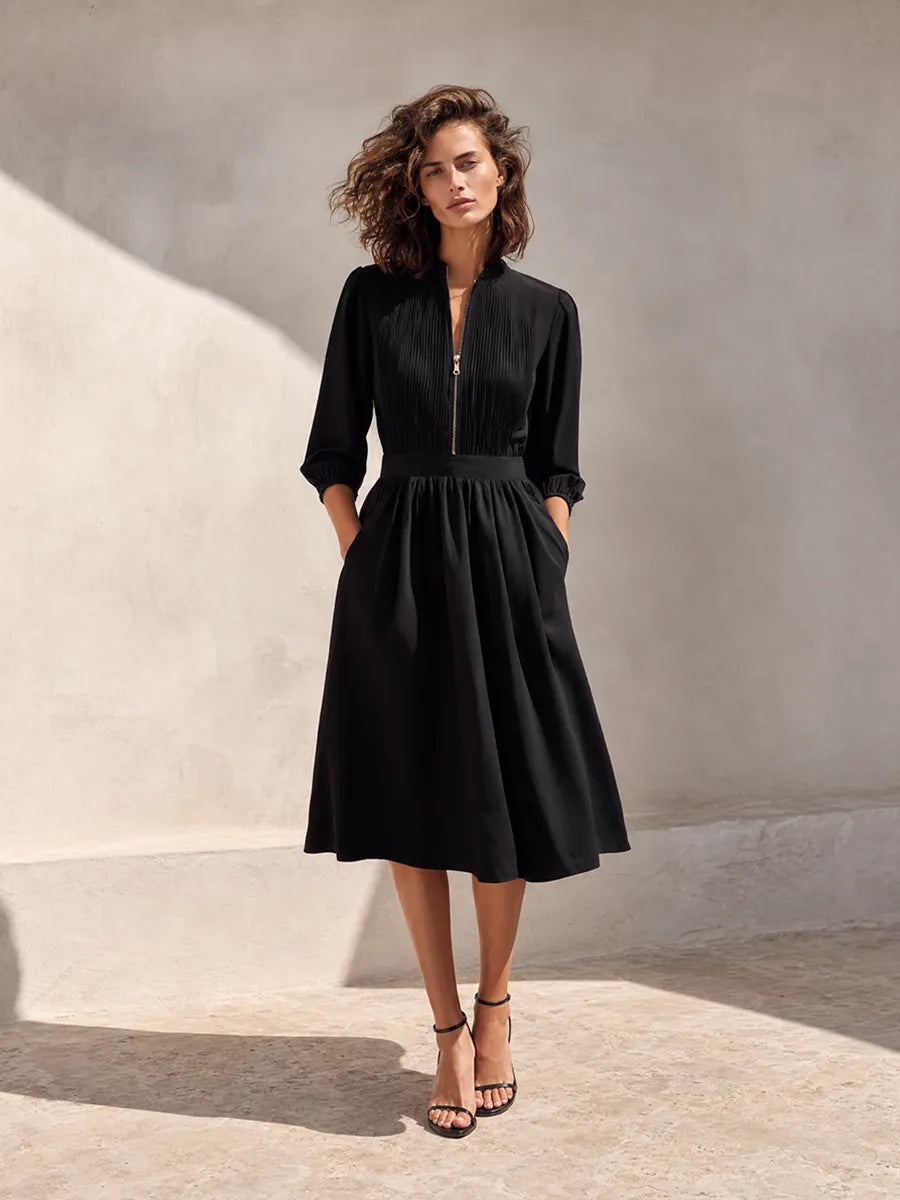 Women's Elegant Workwear Black Stand-Collar Zip-Front Pleated Bishop-Sleeve Cinched-Waist Midi Dress MDZ1567G4CMX