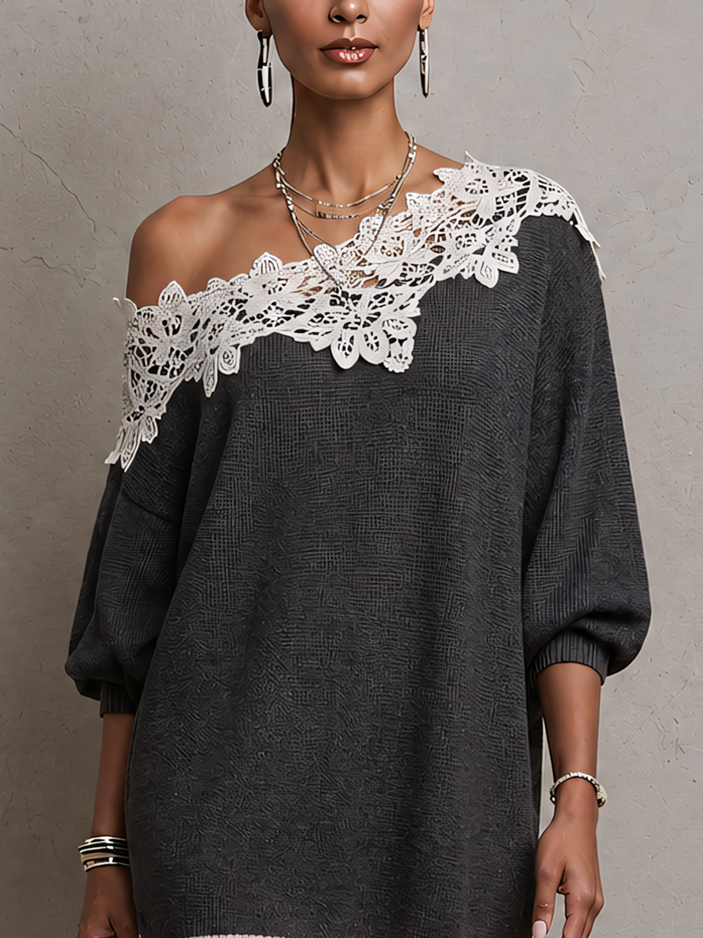 One Shouler Gray Lace Trim Knit Mini Dress