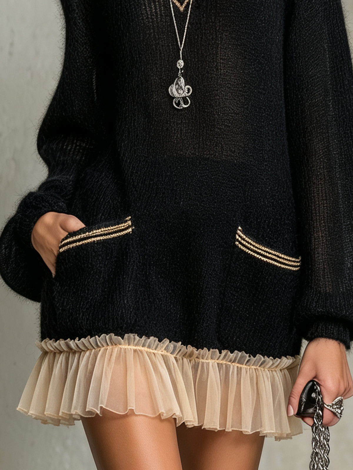 Black Oversized Knit Ruffle Hem Mini Dress