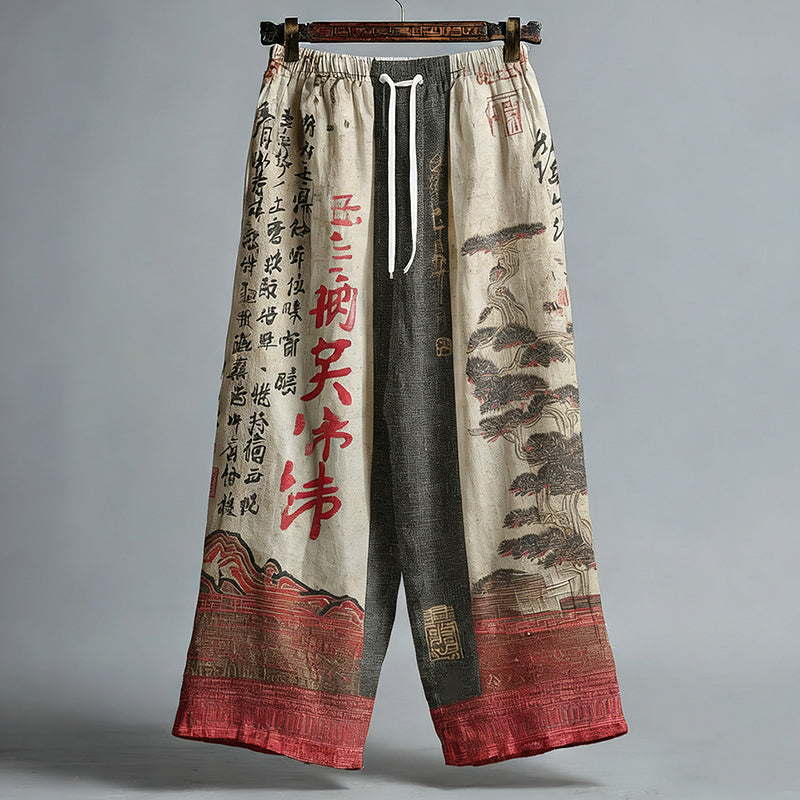 Japanese Pine And Calligraphy Pattern Linen Blend Trousers Pants