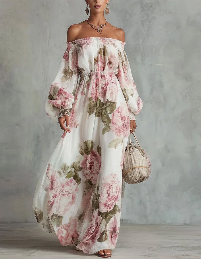 White Chiffon With Pink Rose Print Off Shoulder Design Maxi Dress