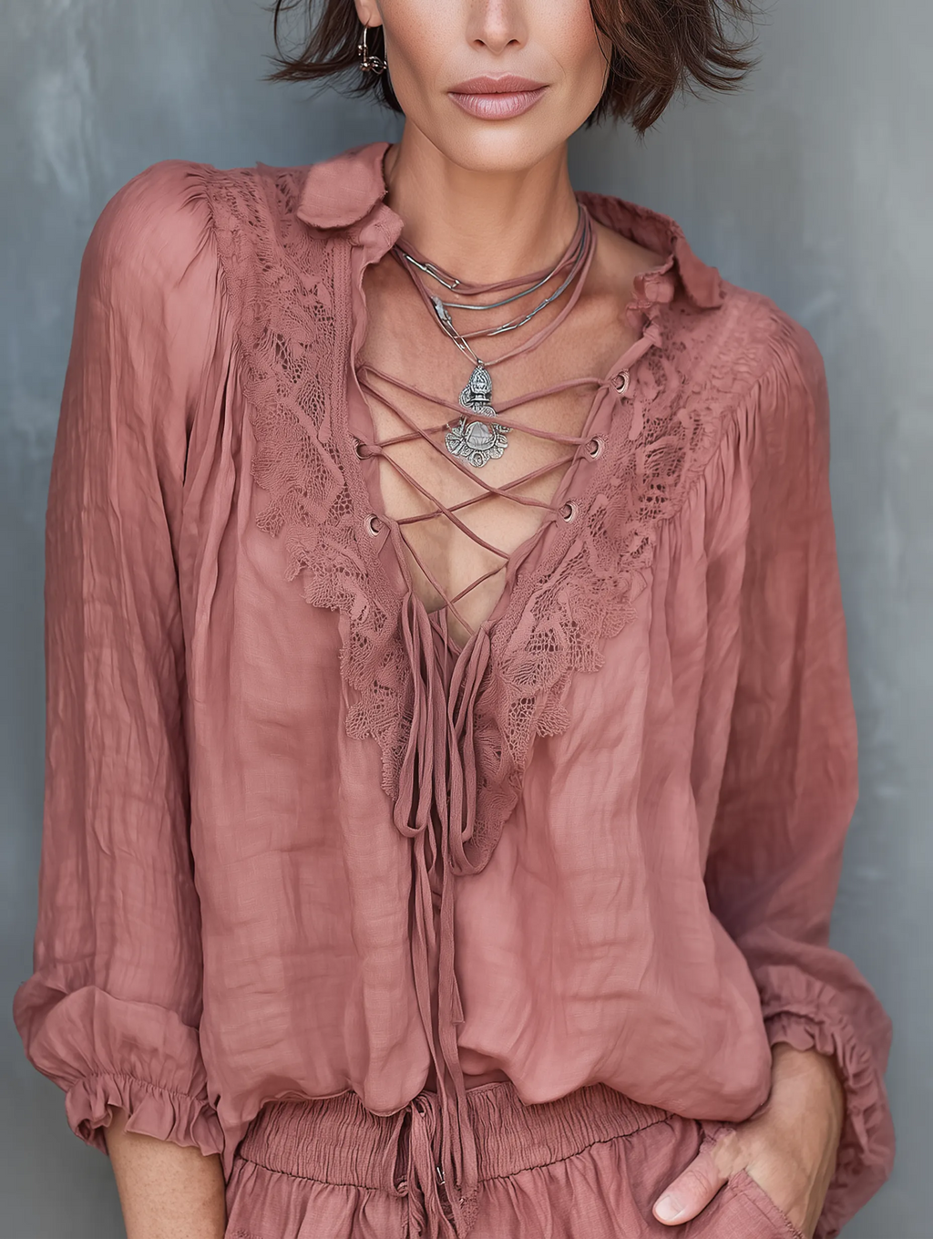 Women's Minimalist Linen-blend Long-sleeve Blouse With Lace-up Neckline MDZ3030F5WY