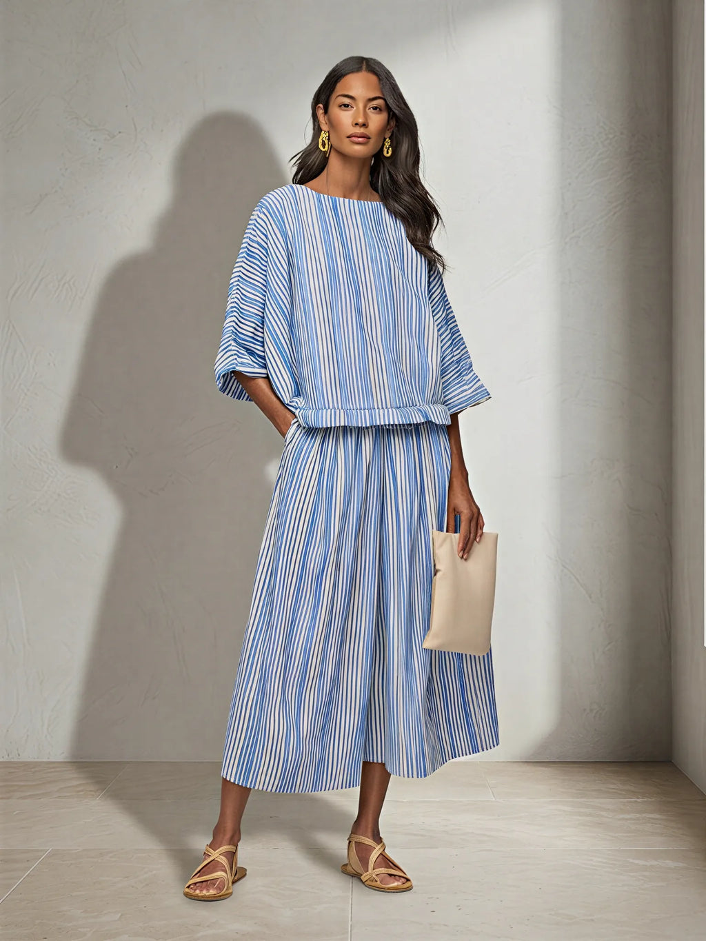 Women's Blue White Vertical Stripe Cotton Blend Two-Piece Set With Boat Neck Batwing Sleeve Top & Elastic Waist Midi Pants, Minimalist Summer Resort Matching Outfit MDZ0695G4LYL