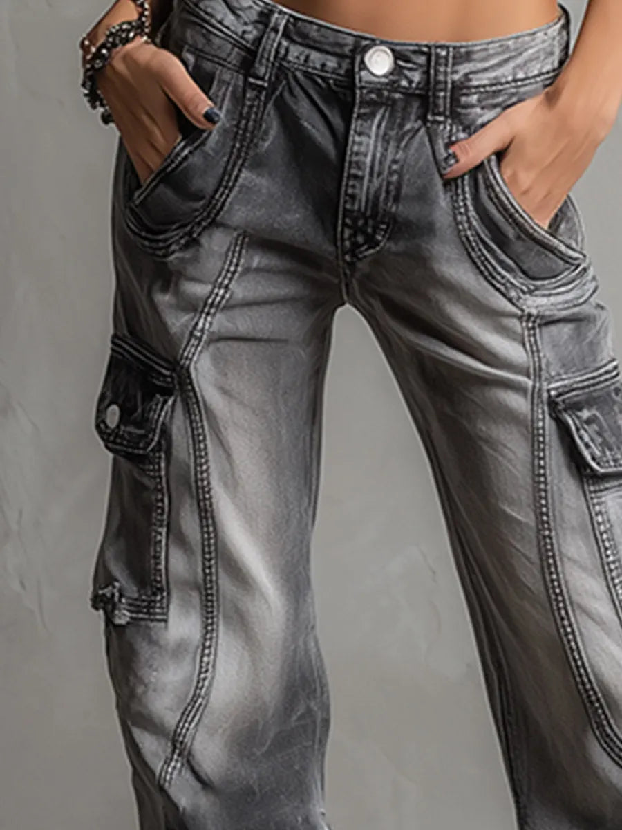 Stylish & Versatile Cargo-Style Multi-Pocket Grey Jeans
