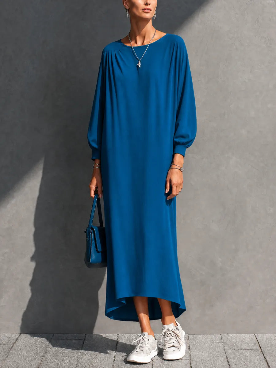 Women's Relaxed Lazy Royal Blue Cotton Blend Gathered Batwing Sleeve High Low Maxi Dress MDZ0946G1GMJ