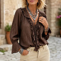 Maelora – Crinkle Ruffle V-Neck Long Sleeve Blouse