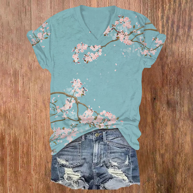 Women's Vintage Japanese Cherry Blossom Print V-neck T-shirt