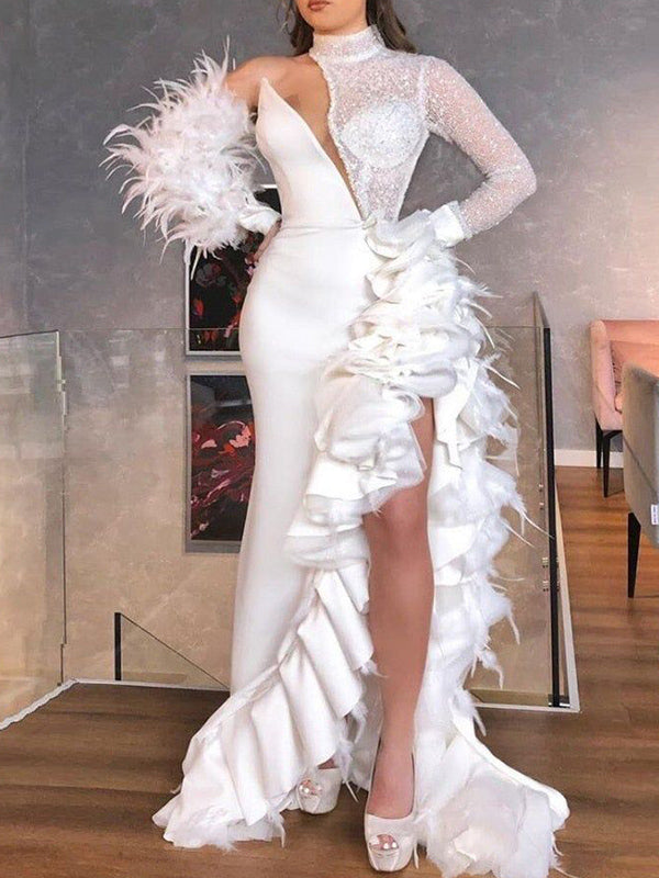 Fashion Sequined Feathers Split-Side Asymmetric White Wedding Maxi Dress