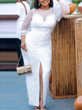 Simple Long Sleeve Mesh Long Sleeve Split-Side White Maxi Dress