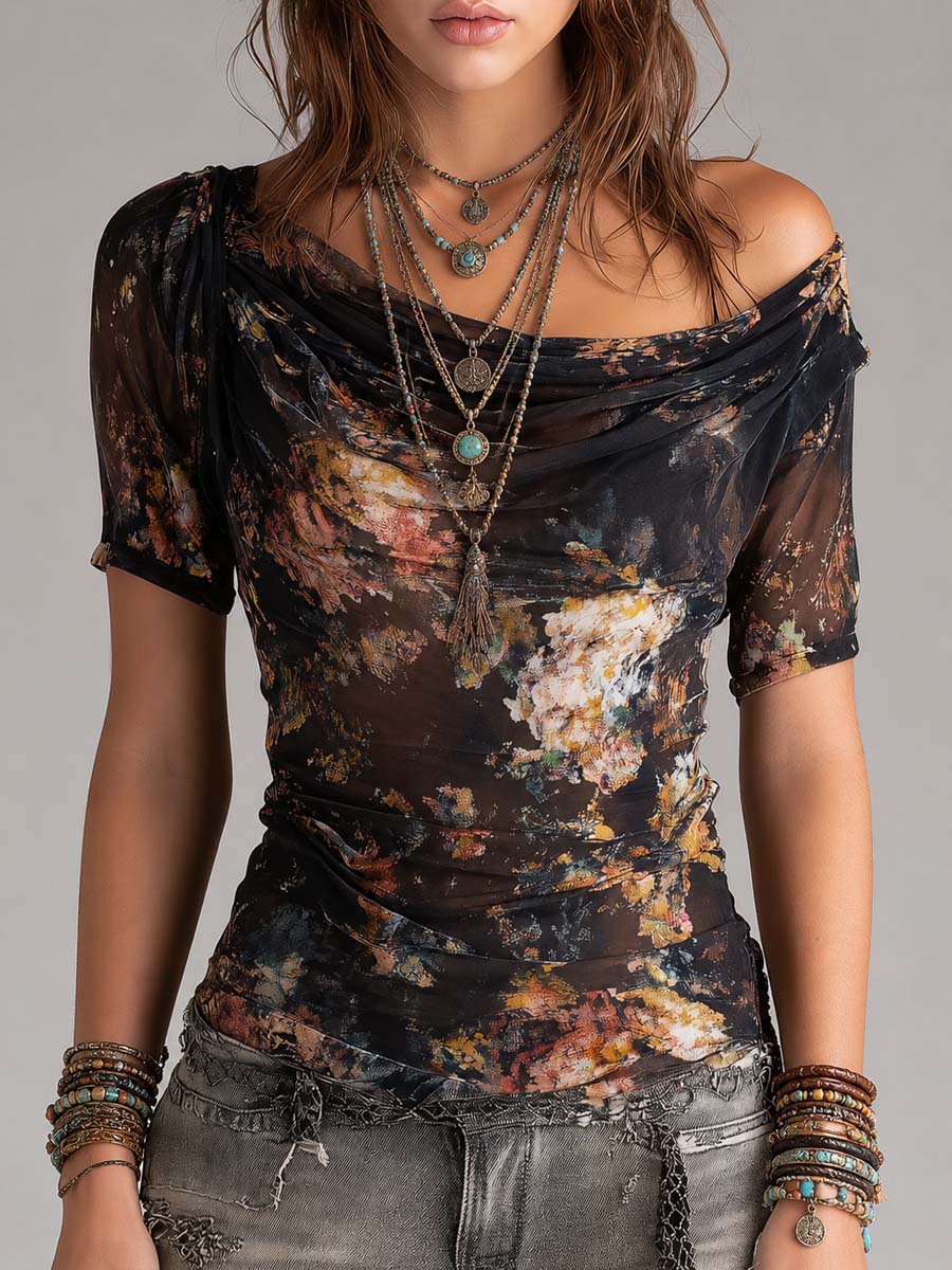 Dark Floral Print Sheer Mesh Off-Shoulder Ruched Top