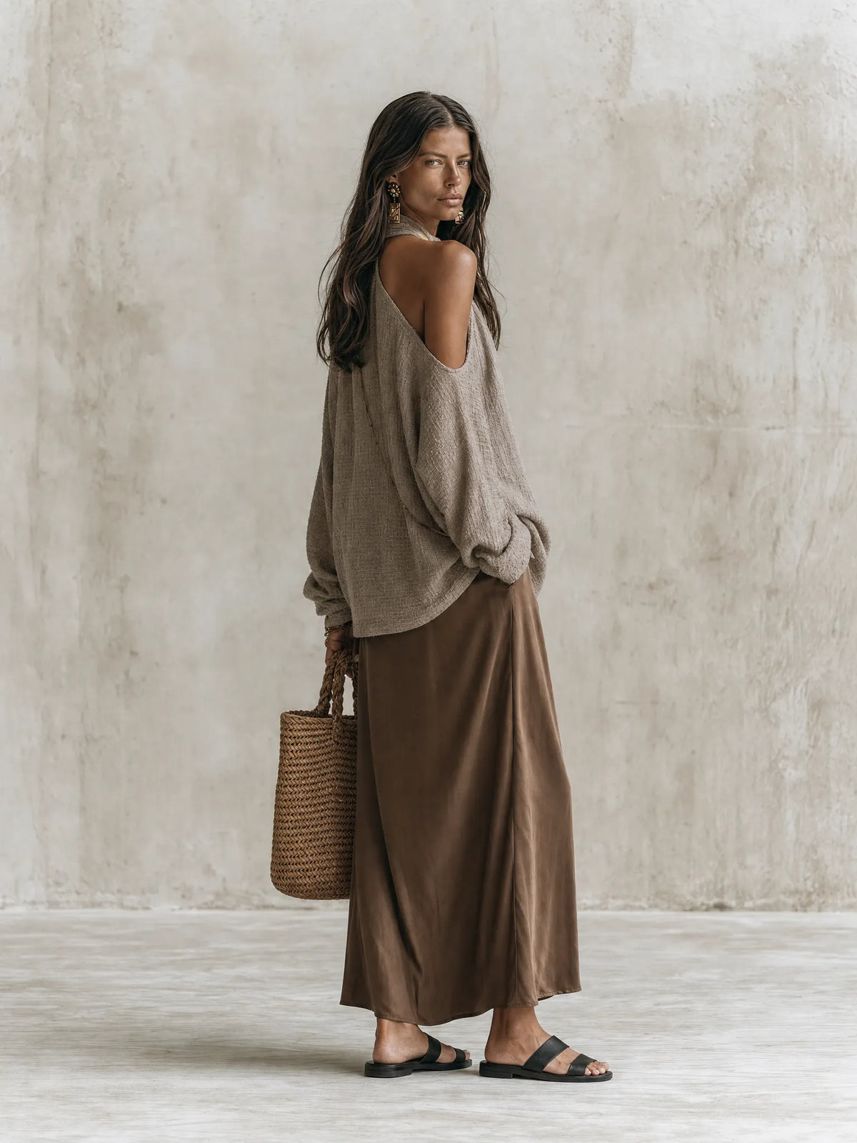 Effortless Chic Taupe Knit Sweater & Brown Satin Maxi Skirt Set
