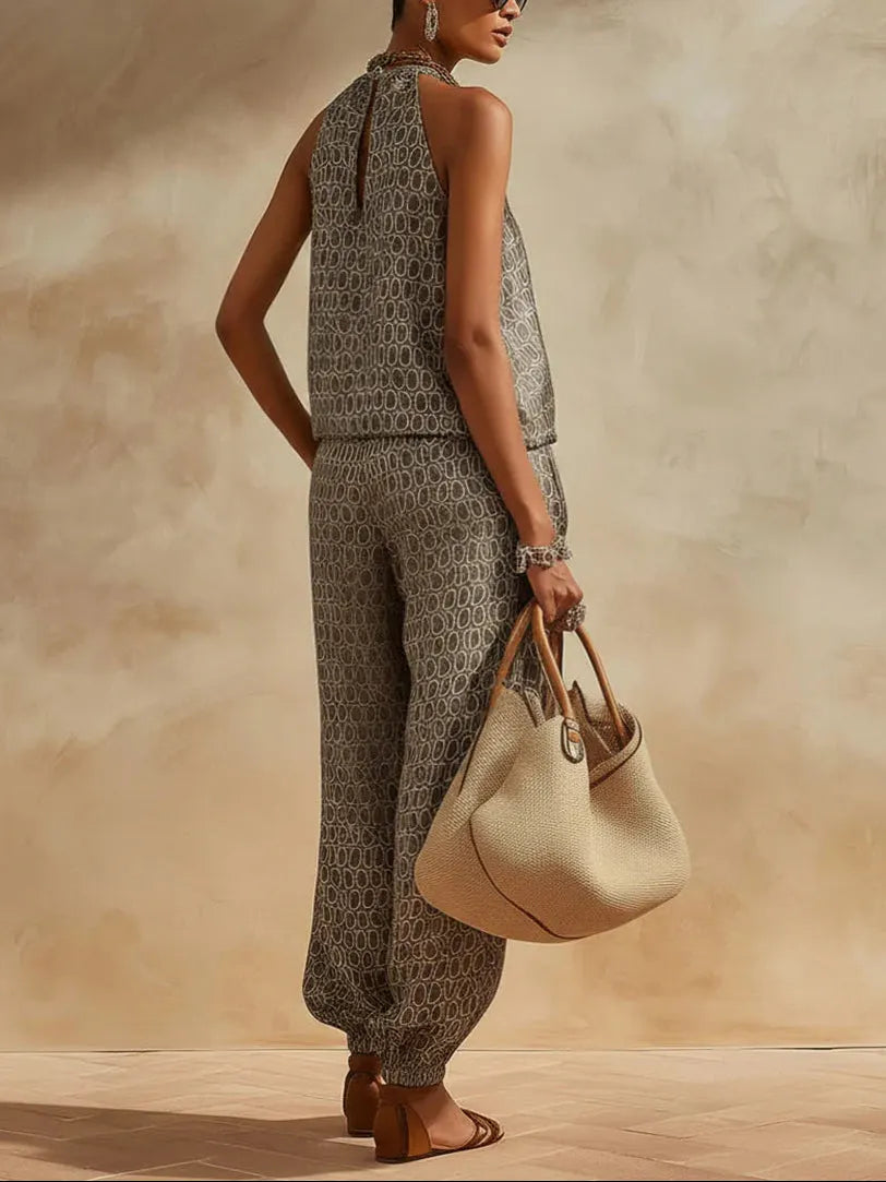 Retro Chain Print Grey Satin Top And Pants Set