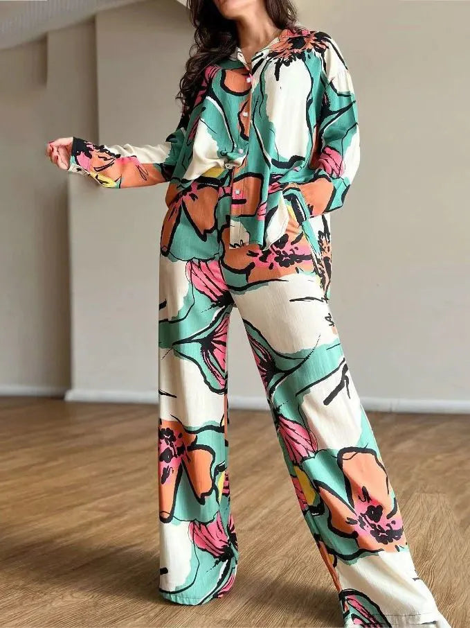 Flower Print Long Sleeves Buttoned Lapel Blouses Top +Wide Leg High Waisted Pants Bottom Two Pieces Set