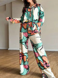 Flower Print Long Sleeves Buttoned Lapel Blouses Top +Wide Leg High Waisted Pants Bottom Two Pieces Set
