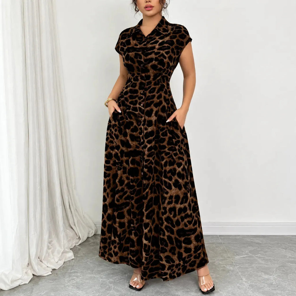 Veluxa – Leopard Print Cinched Waist Maxi Shirt Dress with Pockets
