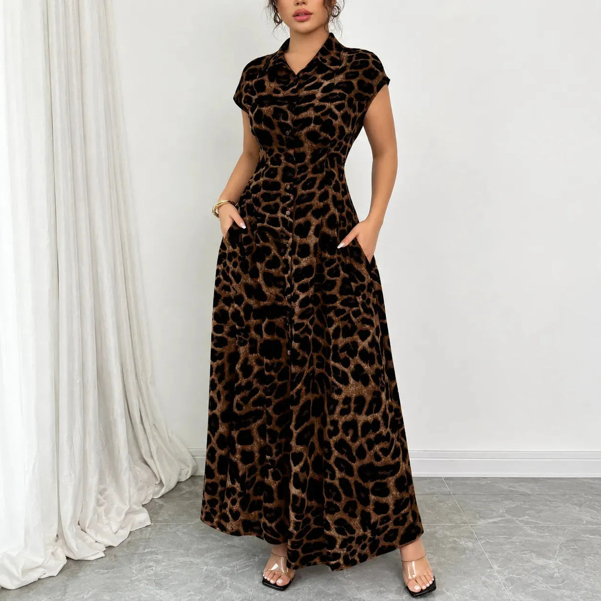 Veluxa – Leopard Print Cinched Waist Maxi Shirt Dress with Pockets