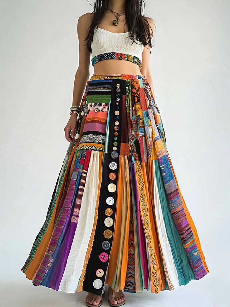 Bohemian Colorful Geometric Art Art Linen Blend Skirt 42b7