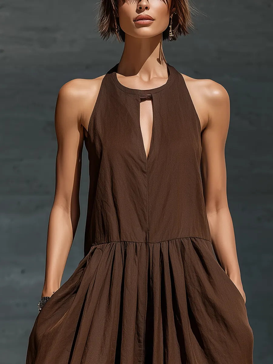 Women’s Casual Resort Wear Brown Sleeveless Keyhole Detail Pleated Waist Extra Wide Leg Pocket Jumpsuit MDZ3003F1T