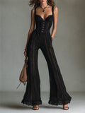 Gothic Sheer Lace-Trimmed Ruffled-Hem Flared Jumpsuit