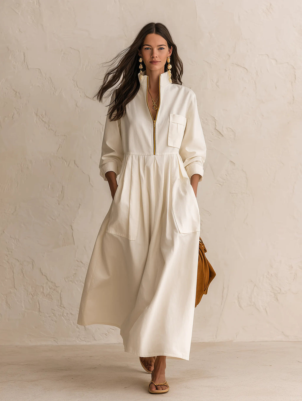 Women's Half-Zip Stand Collar Long Sleeve Pockets Maxi Dress