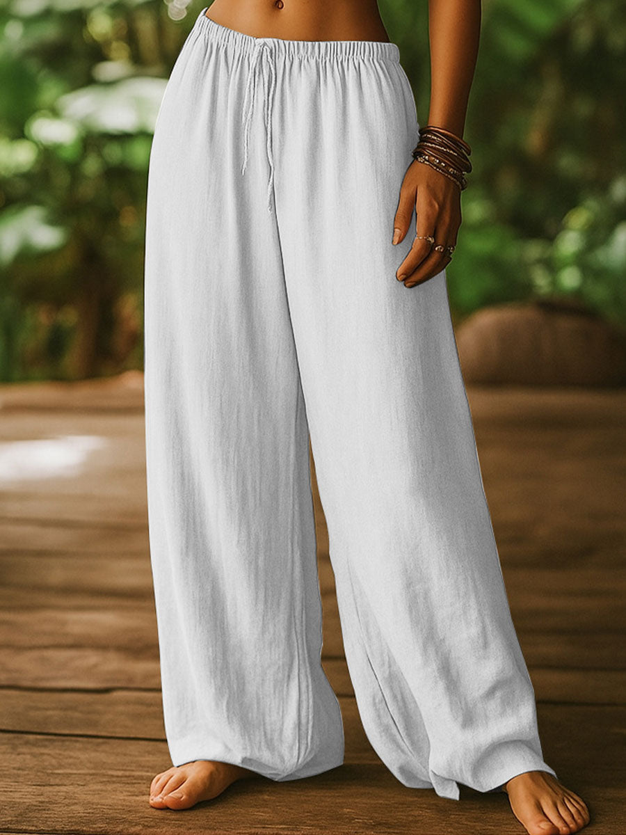 Women's Loose-fit Wide-leg Solid-color Casual Cotton-linen Trousers