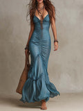 Bohemian Chiffon Spaghetti Strap Ruched Mermaid Maxi Dress