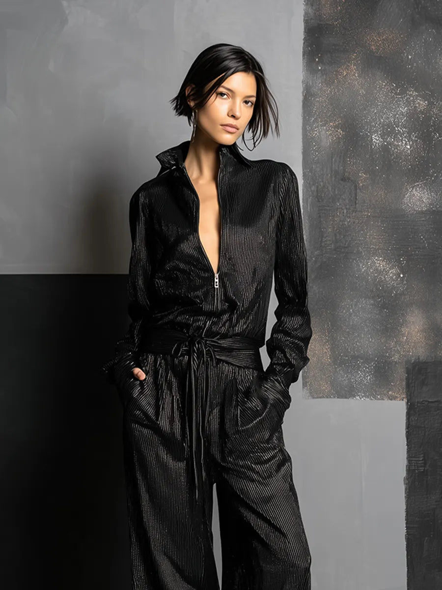 Women's All-Black Vertical Striped Lurex Jumpsuit With Collar Half Zip Front & Self Tie Wait Belt, Edgy Night Out Wide Leg Metallic Jumpsuit MDZ0124G2LYL