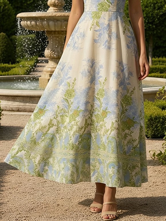 Maxi Linen Dress, Short Sleeves, Square Neck, Floral, French Vintage, Green