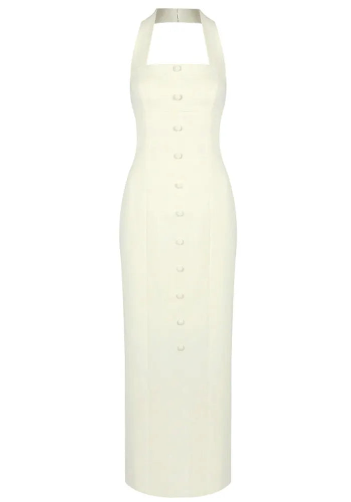Halter Button Detail Maxi Dress Ivory