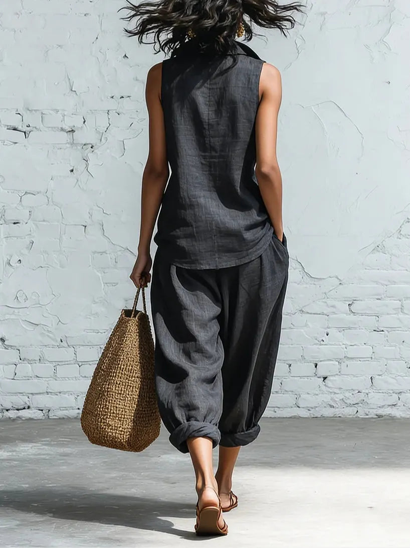 Simple collared shirt and wide-leg pants two-piece set