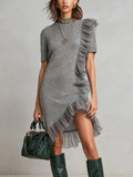 Gray Ruffle Trim Metallic Knit Mini Dress