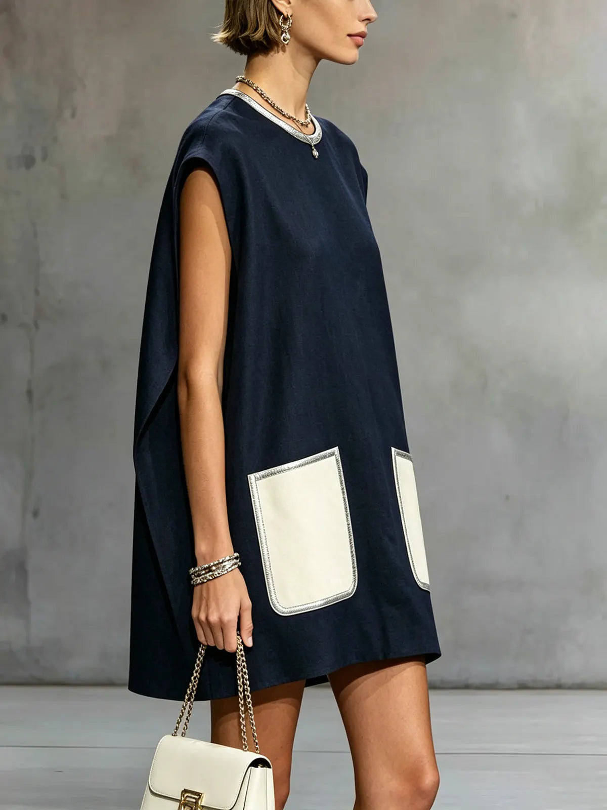 24-Hour-Shipping Navy Sleeveless Mini Dress With Contrast Patch Pockets