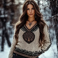 Women's Viking Tribal Tree Of Life Celtic Chunky Knit V-neck Sweater
