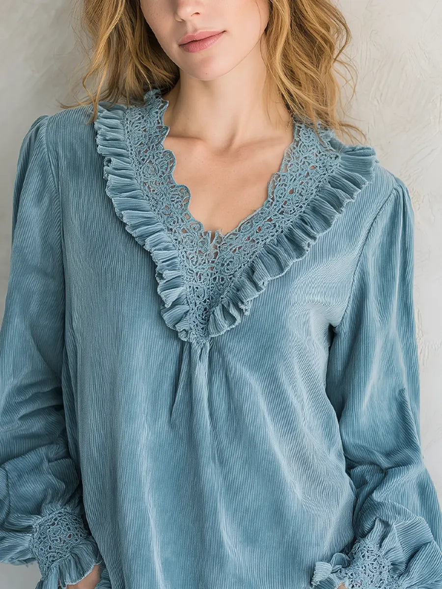 Bohemian Gray-blue Lace Corduroy Shirt