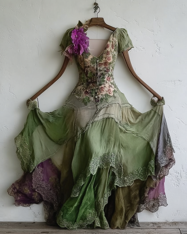 Elegant Green and Purple Lace Maxi Dress c333