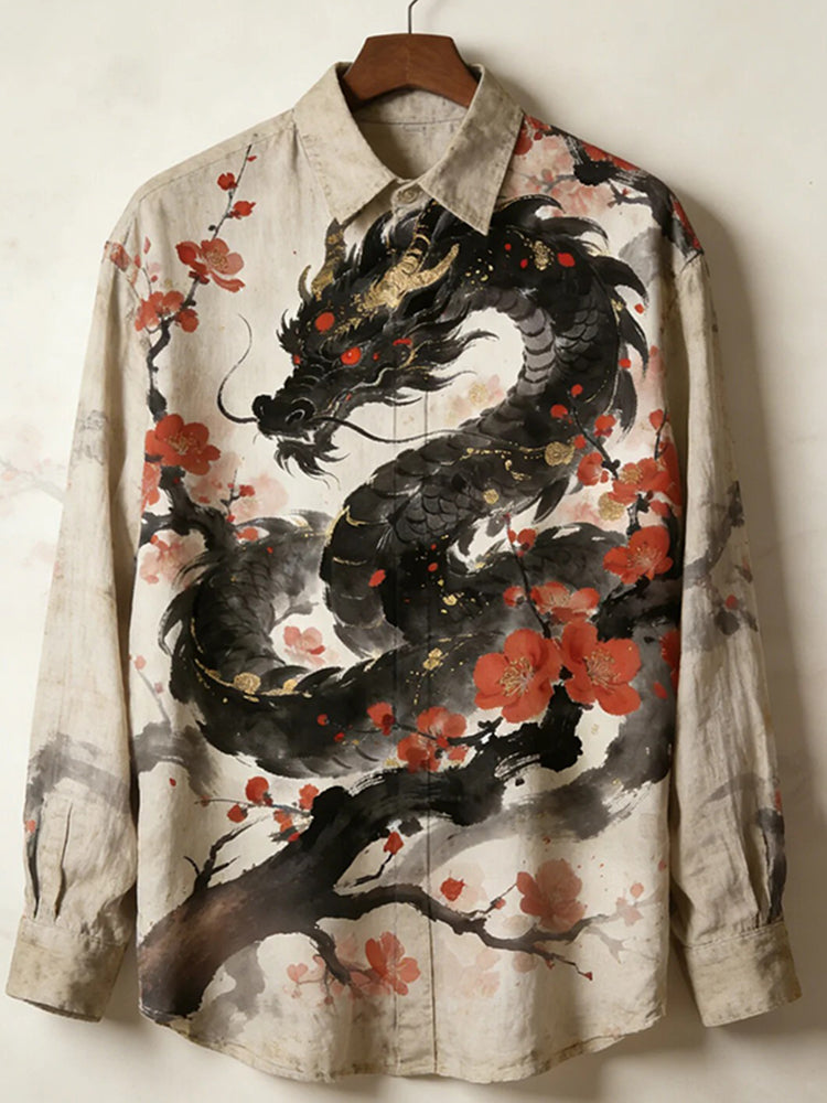 Men's Ink Painting Dragon Flower Print Long Sleeve Shirt