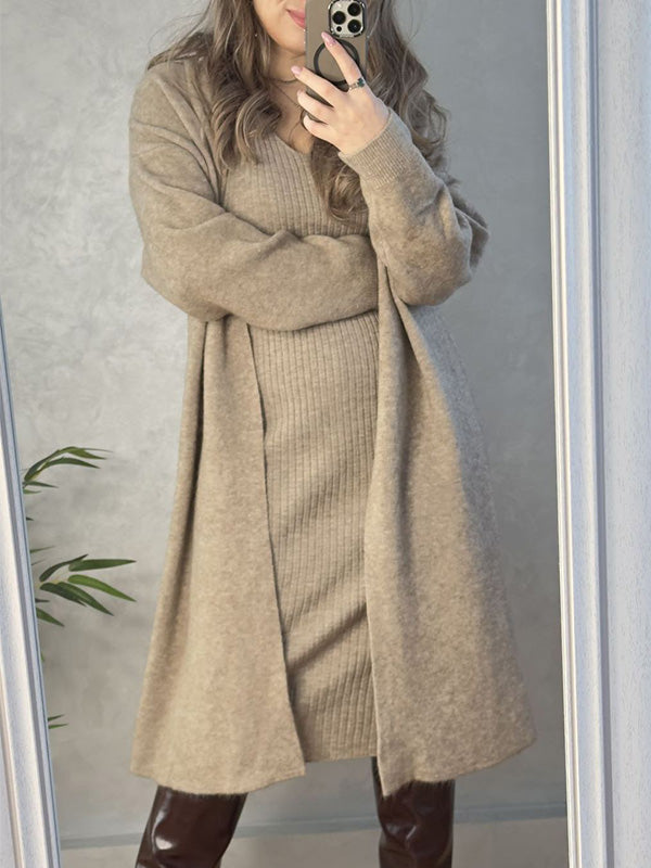 V-Neck Pullover Dress & Sweater Cardigan Set
