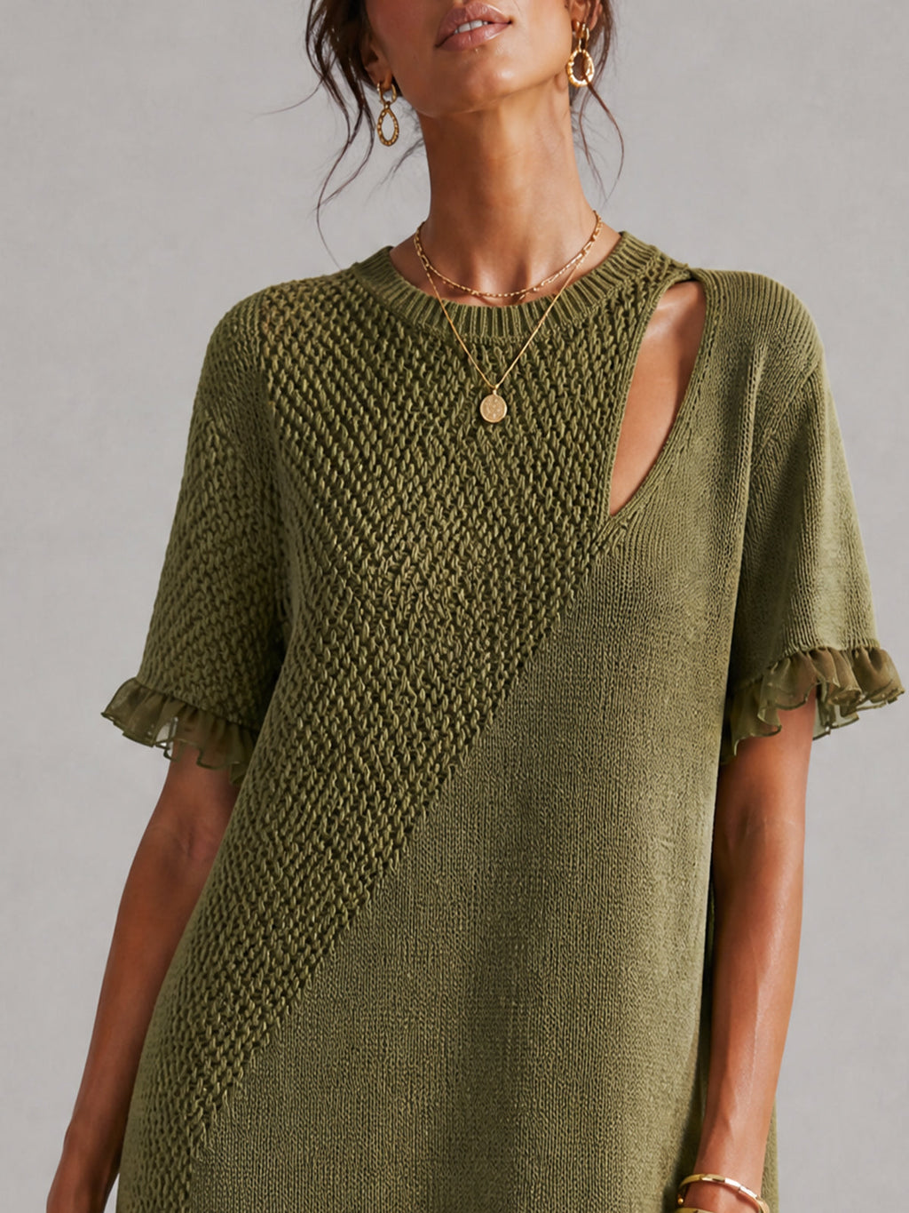 Olive Cutout Ruffle Trim Knit Mini Dress