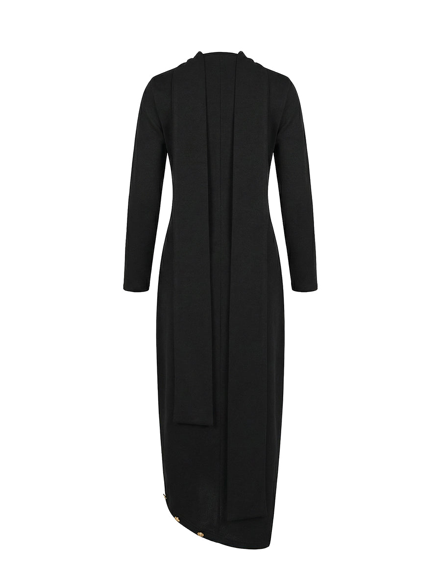Long Sleeves Loose Asymmetric Buttoned Split-Joint Split-Side Mock Neck Maxi Dresses