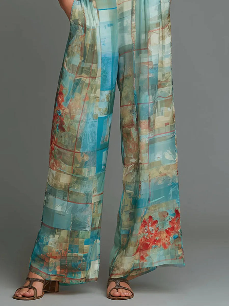Boho Chic Ocean Mosaic Printed Chiffon Wide-Leg Jumpsuit