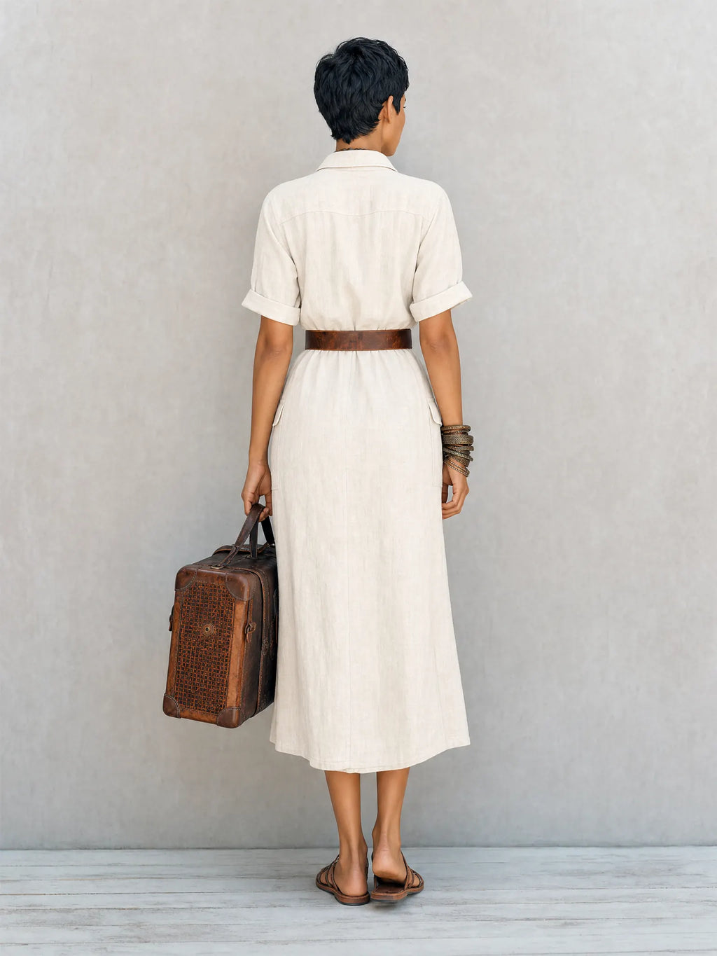 Women's Safari Style Natural Linen Blend Collared Short Sleeve Button-Front Belted Utility Midi Shirt Dress MDZ1597G0ZSQ