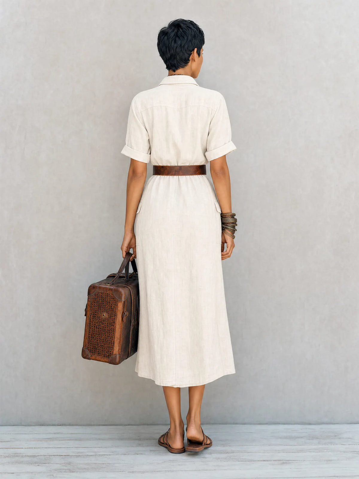 Women's Safari Style Natural Linen Blend Collared Short Sleeve Button-Front Belted Utility Midi Shirt Dress MDZ1597G0ZSQ