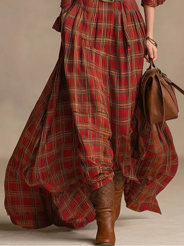 Lapel Long Sleeves Button Up Plaid Maxi Shirt Dress(Includes belt)