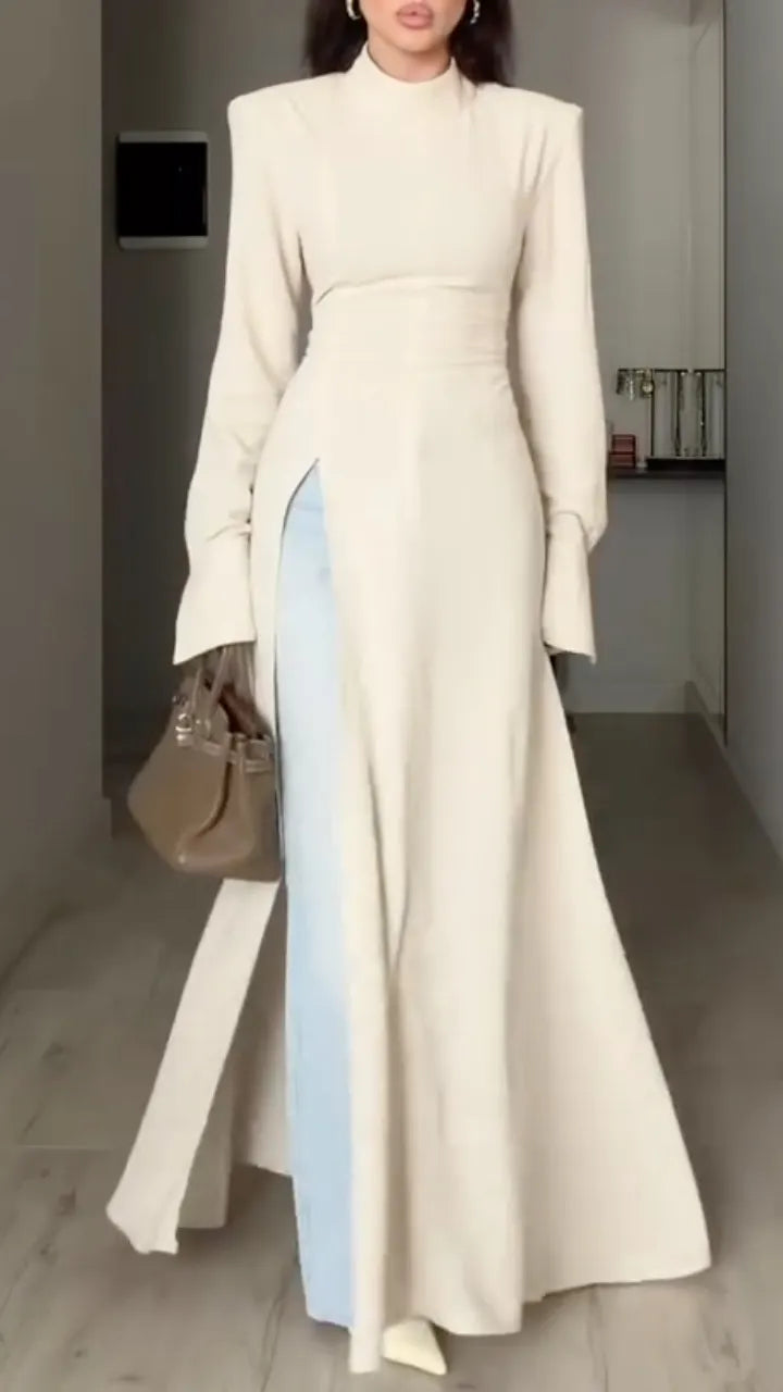 Beige Structured High-Neck Maxi Tunic