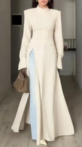 Beige Structured High-Neck Maxi Tunic