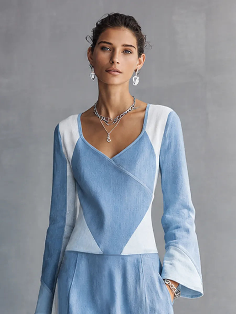 Women's Minimalist Style Light Blue Linen Cotton V Neck Flare Long Sleeve Geometric Color Block Midi Dress MDZ0147G5GMJ