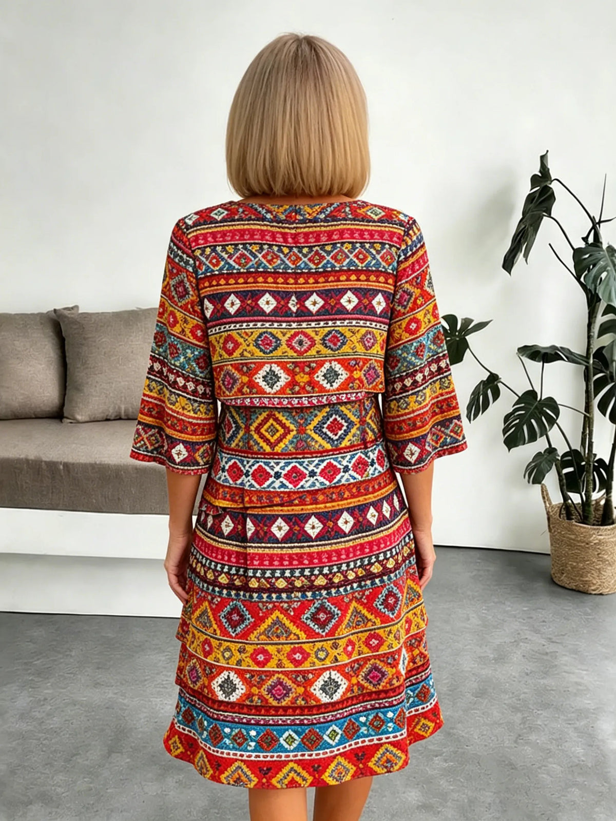 Chiffon Paisley Vacation Prints Color Round Neck Cake Skirt Splicing Dress Mid-length