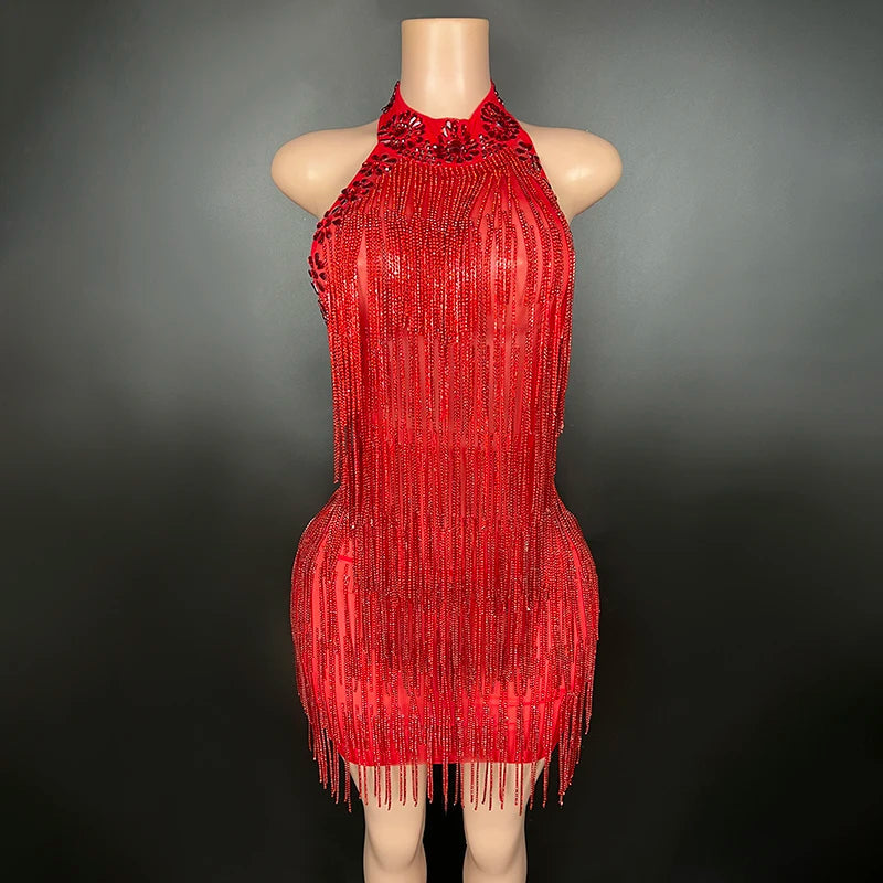 Trend4us Handmade Halter Backless Rhinestone Tassel Dance Dress