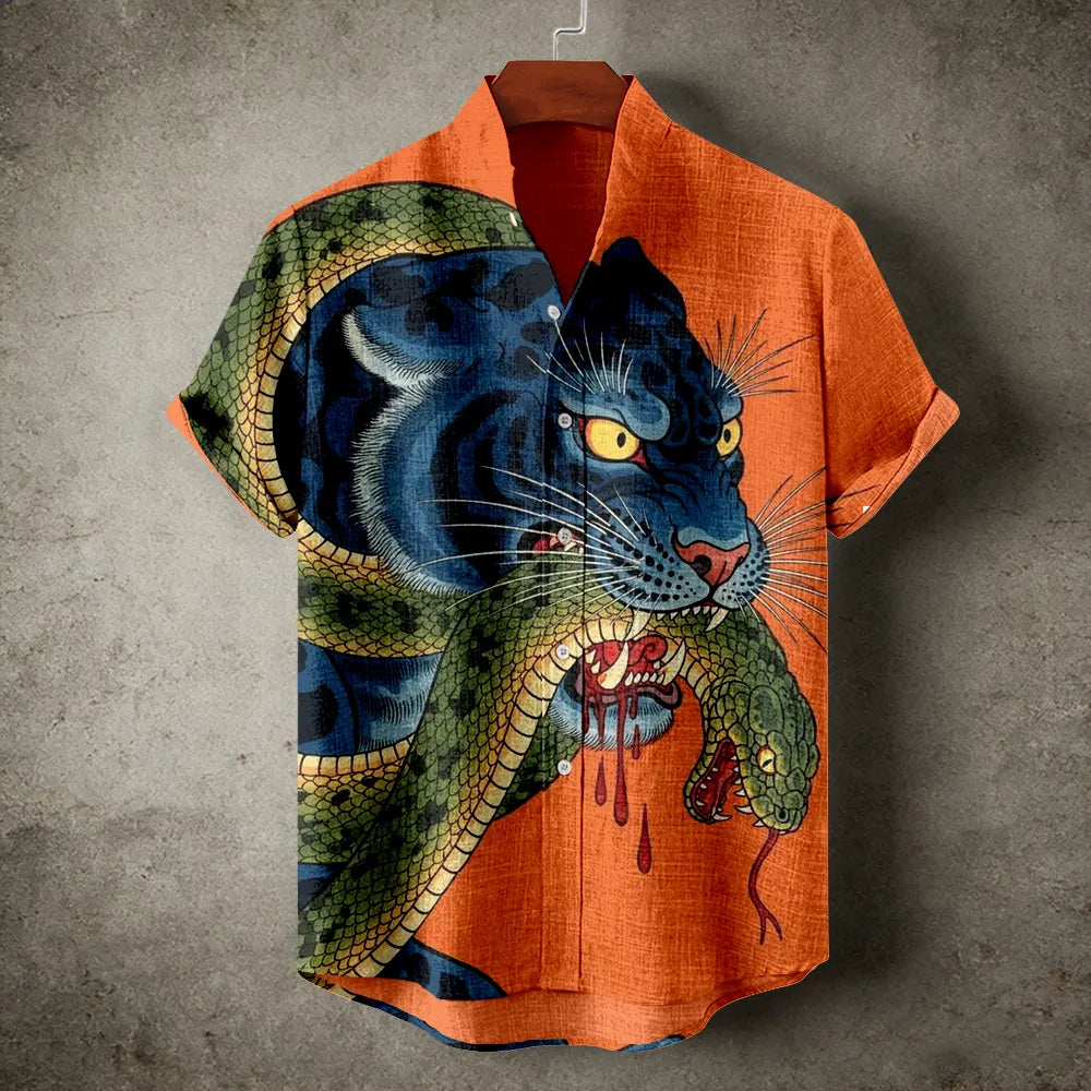 Vintage Japanese Tiger & Snake Art Linen Shirt