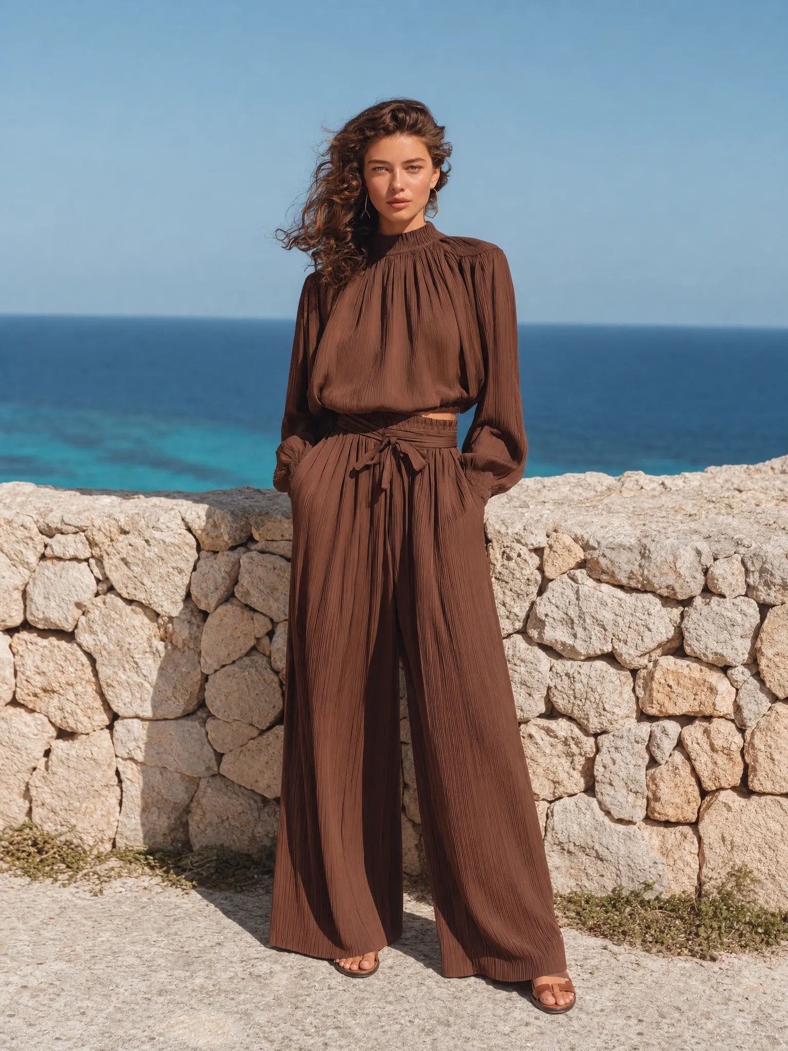 Women's Vacation-Style Coffee-Brown High-Neck Balloon-Sleeve Top + Tie-Waist High-Waist Wide-Leg Pants Two-Piece Set MDZ0734G6CMX